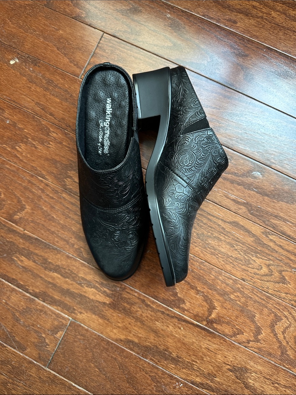 Walking Cradles Black Embossed Leather Clog Mules